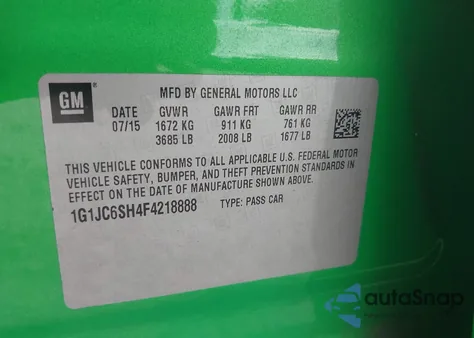 2015 Chevrolet Sonic Lt Auto из США, поврежденный, VIN 1G1JC6SH4F4218888